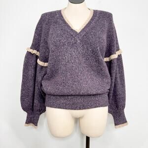 Joie Bishop Sleeve Sweater Purple Cream Alpaca Warm Preppy Boho Casual Size XL